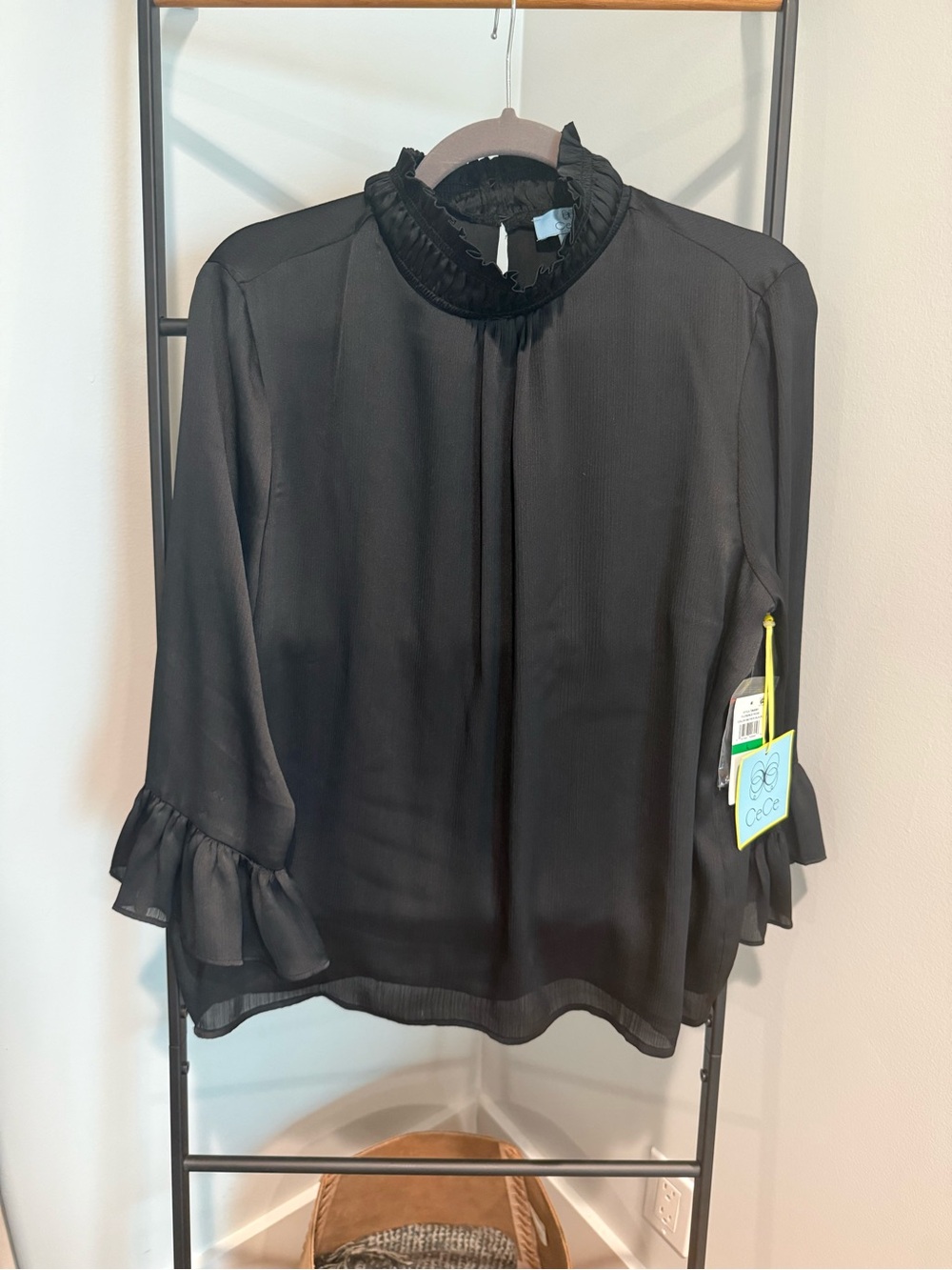 CeCe Black Ruffled Mock Neck Sheer Blouse